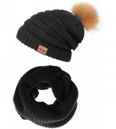 Skullies & Beanies Womens Winter Warm Cable Knit Pom Pom Beanie Hat Cap and Infinity Scarf Set - Black - CG18K53KM8X $9.84
