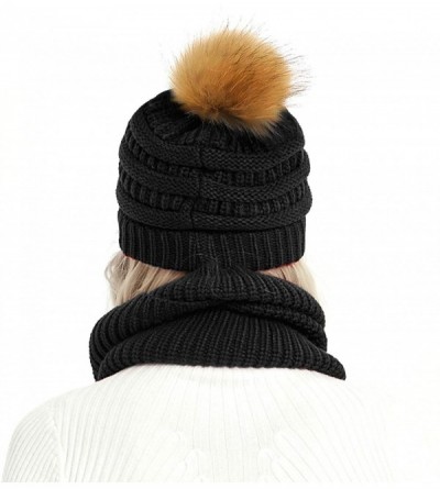 Skullies & Beanies Womens Winter Warm Cable Knit Pom Pom Beanie Hat Cap and Infinity Scarf Set - Black - CG18K53KM8X $9.84