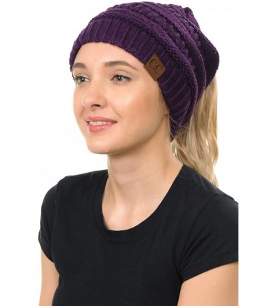 Skullies & Beanies Cable Knit Beanie Messy Bun Ponytail Warm Chunky Hat - Purple - CF18Y39D0DS $18.67