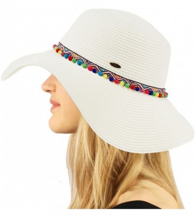 Sun Hats Tiny Pom Pom Hatband Floppy Wide Brim 4" Summer Beach Pool Sun Hat - White - CM18D53AKC9 $11.28