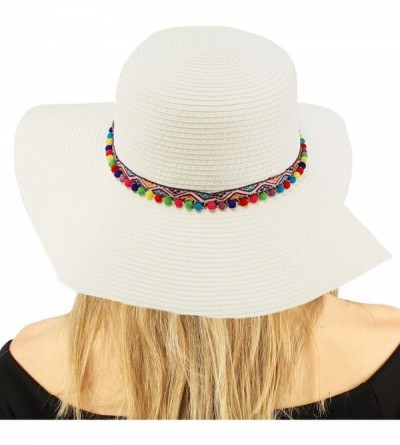 Sun Hats Tiny Pom Pom Hatband Floppy Wide Brim 4" Summer Beach Pool Sun Hat - White - CM18D53AKC9 $11.28