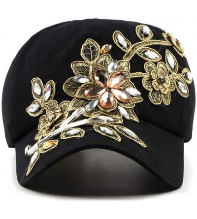 Baseball Caps Bling Women Baseball Cap Flower Snapback Rhinestone Sun Hats Adjustable Denim Jeans Hat - Cq-black - CT1966MG4A...