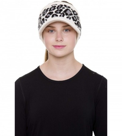 Berets Women's Warm Soft Winter Leopard Detailed Ponytail Beanie Knit Hat Skull Cap - White - CU18AUSMD98 $19.83