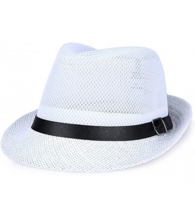 Fedoras Men Mesh Straw Summer Fedora Hat Short Brim Beach Sunhat Breathable Panama Cap - White - C018QYQX9SS $26.87
