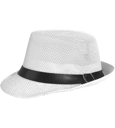 Fedoras Men Mesh Straw Summer Fedora Hat Short Brim Beach Sunhat Breathable Panama Cap - White - C018QYQX9SS $16.05