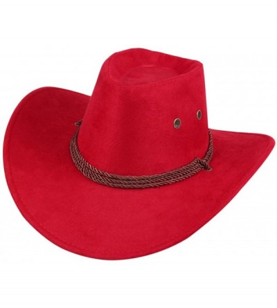 Cowboy Hats Mens Faux Felt Western Cowboy Hat Fedora Outdoor Wide Brim Hat with Strap - Red - C7186G4WZLW $37.04