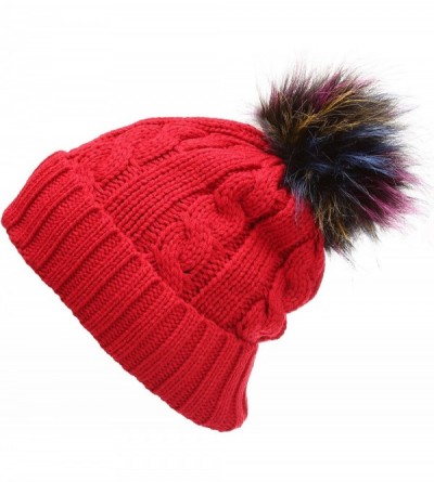 Skullies & Beanies Winter Cable Knitted Faux Fur Multi Color Pom Pom Beanie Hat with Soft Fur Lining - A.thick Cable Red - CP...