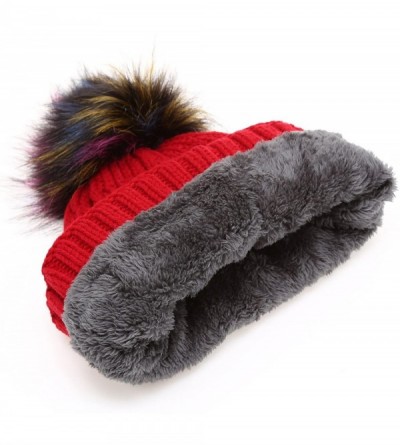 Skullies & Beanies Winter Cable Knitted Faux Fur Multi Color Pom Pom Beanie Hat with Soft Fur Lining - A.thick Cable Red - CP...