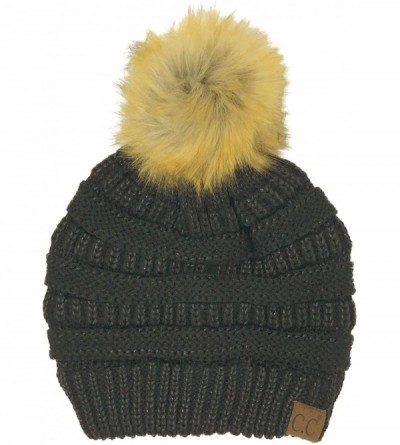 Skullies & Beanies Fur Pom Winter Fall Trendy Chunky Stretchy Cable Knit Beanie Hat - Metallic Black - C618YAIKI2O $25.32