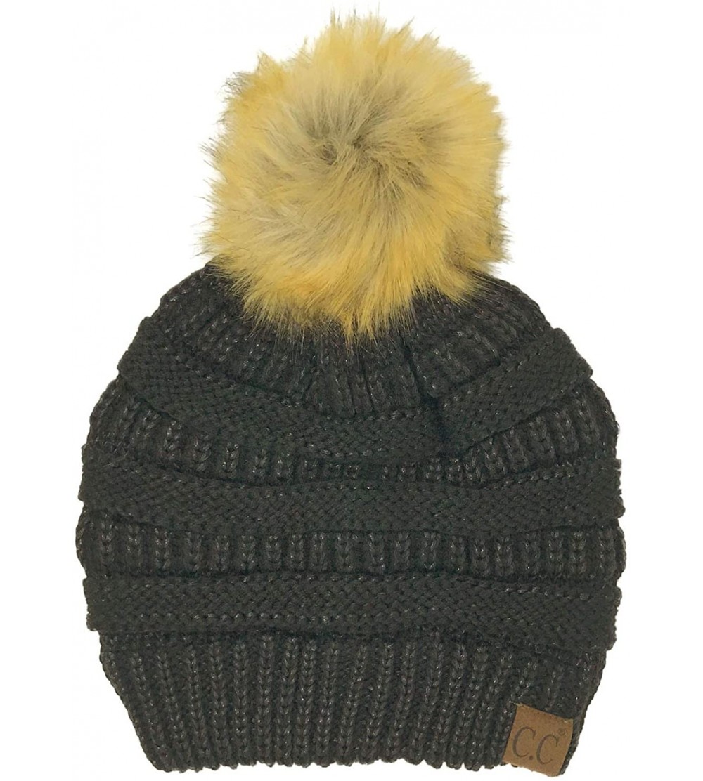 Skullies & Beanies Fur Pom Winter Fall Trendy Chunky Stretchy Cable Knit Beanie Hat - Metallic Black - C618YAIKI2O $12.66