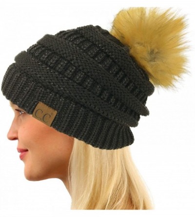 Skullies & Beanies Fur Pom Winter Fall Trendy Chunky Stretchy Cable Knit Beanie Hat - Metallic Black - C618YAIKI2O $12.66