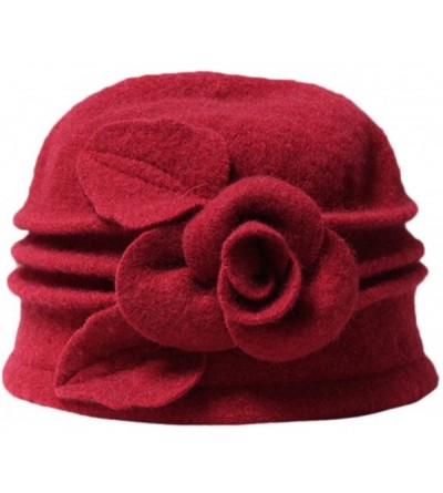 Berets Women 100% Wool Solid Color Round Top Cloche Beret Cap Flower Fedora Hat - 4 Dark Red - CZ186WYCGET $15.04