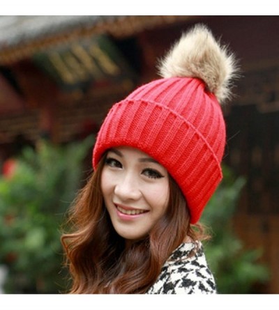 Berets Women Winter Fur Ball Warm Hat Crochet Knitted Wool Cap - Red - CH12N7XS17N $7.22