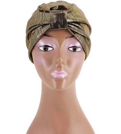 Sun Hats Shiny Metallic Turban Cap Indian Pleated Headwrap Swami Hat Chemo Cap for Women - Gold Knot - C018DXSNIHC $9.32