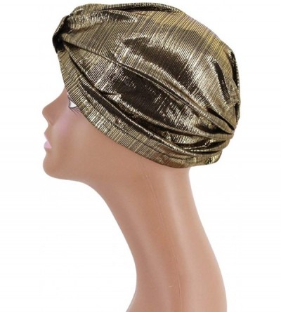 Sun Hats Shiny Metallic Turban Cap Indian Pleated Headwrap Swami Hat Chemo Cap for Women - Gold Knot - C018DXSNIHC $9.32