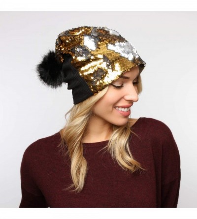 Skullies & Beanies Sparkly Double Sided Sequin Slouchy Beanie for Winter- Cozy and Oversized with Faux Fur Pom Pom - Gold - C...