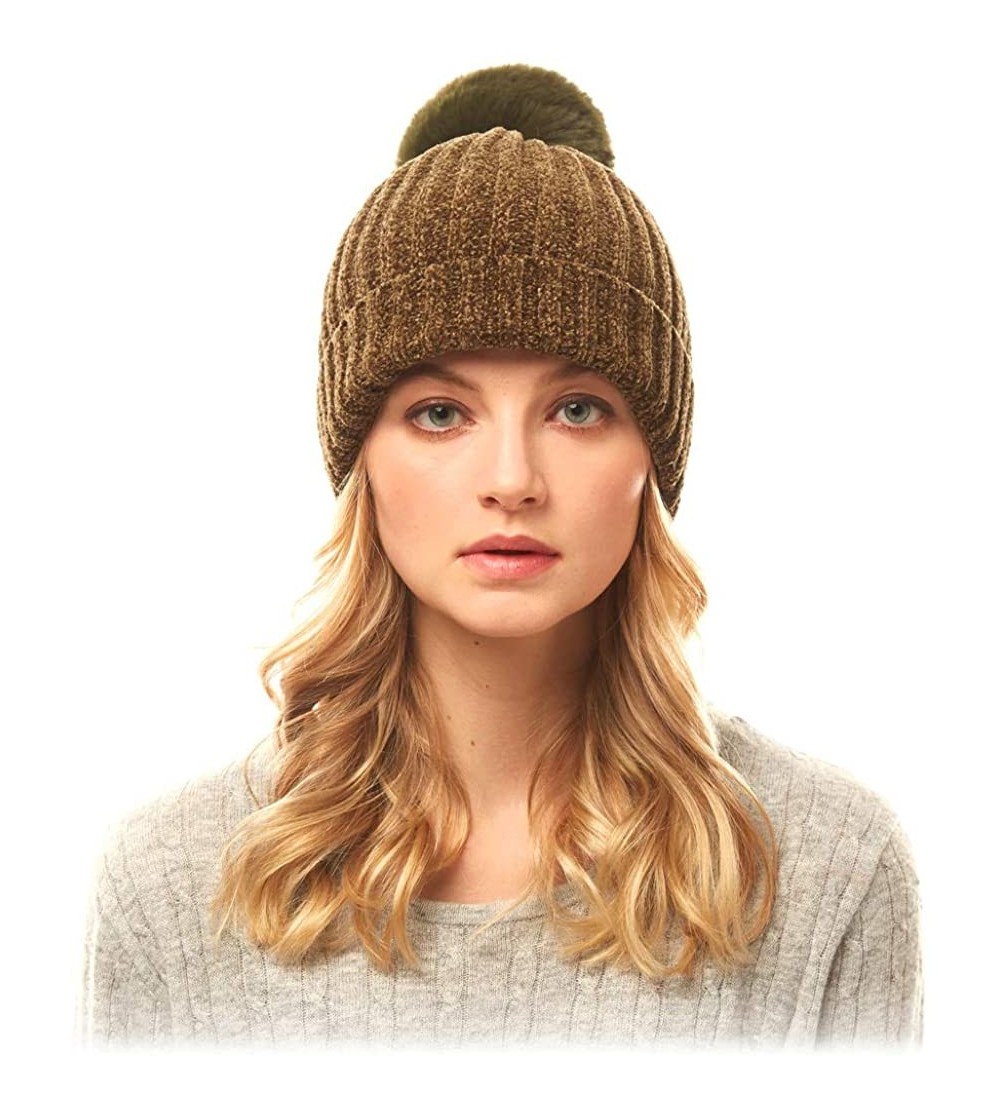 Skullies & Beanies Me Plus Women Fashion Fall Winter Soft Cable Knitted Faux Fur Pom Pom Beanie Hat - Solid Chenille - Olive ...
