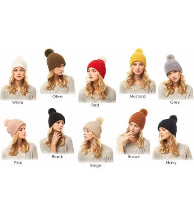 Skullies & Beanies Me Plus Women Fashion Fall Winter Soft Cable Knitted Faux Fur Pom Pom Beanie Hat - Solid Chenille - Olive ...
