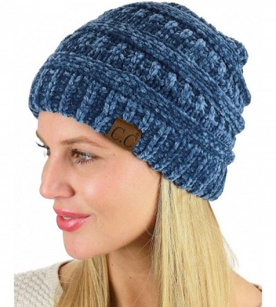 Skullies & Beanies Women's Chenille Soft Warm Thick Knit Beanie Cap Hat - Dark Denim - C118IQELKQK $14.01