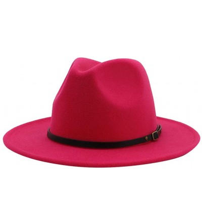Fedoras Mens Fedora Hat Faux Felt Wide Brim Belt Buckle Cowboy Hat - B Hot Pink - CF1933XNMN7 $19.21