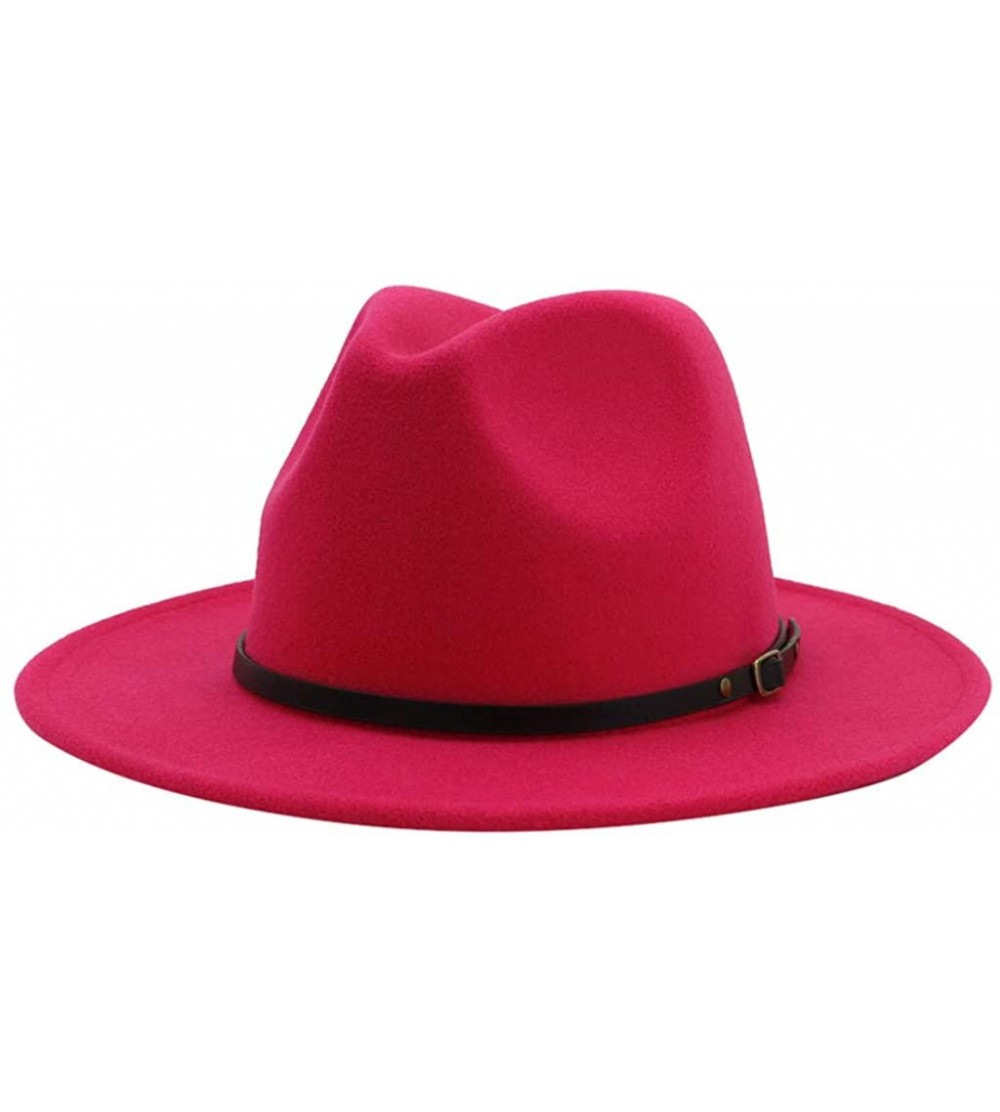Fedoras Mens Fedora Hat Faux Felt Wide Brim Belt Buckle Cowboy Hat - B Hot Pink - CF1933XNMN7 $12.37