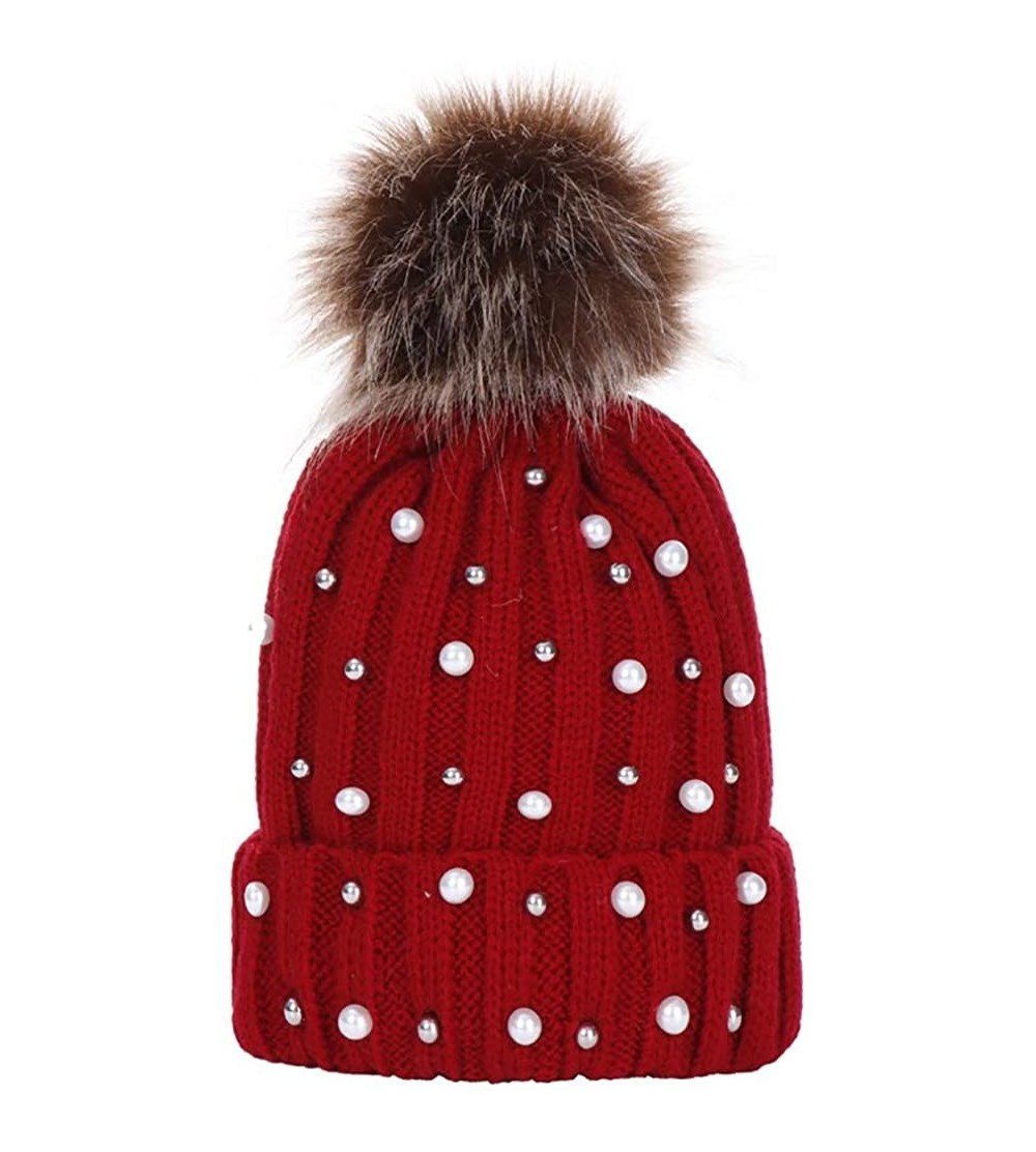 Bucket Hats Women Faux Fur Pom Pom Beanie Cap Fashion Winter Pearl Knit Ski Hat - Red - CN18LK3XQWT $10.00