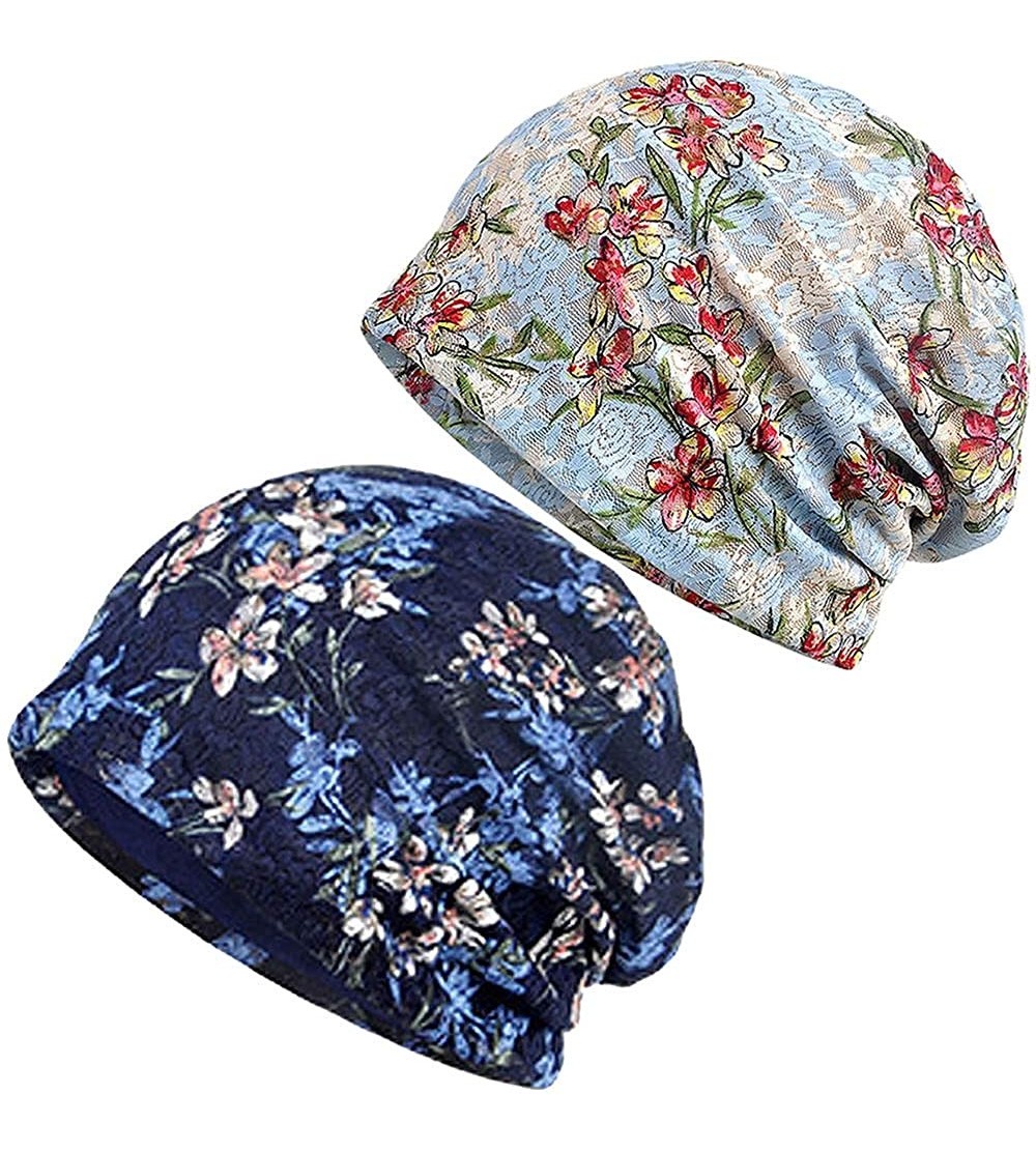 Skullies & Beanies Cotton Slouchy Beanie Hat Hair Covers Soft Night Sleep Cap for Women - 2 Pack Sky Blue/Navy Flower - CR18Q...