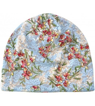 Skullies & Beanies Cotton Slouchy Beanie Hat Hair Covers Soft Night Sleep Cap for Women - 2 Pack Sky Blue/Navy Flower - CR18Q...