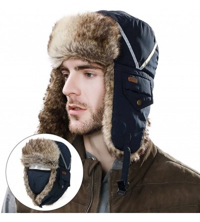 Skullies & Beanies SIGGI Faux Fur Trapper Hat for Men Cotton Warm Ushanka Russian Hunting Hat - 89135_navy (Faux Fur) - CY187...