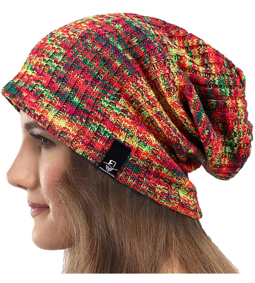Berets Womens Knit Slouchy Beanie Ribbed Baggy Skull Cap Turban Winter Summer Beret Hat - Red/Yellow/Green - CT18WD0O52I $14.15