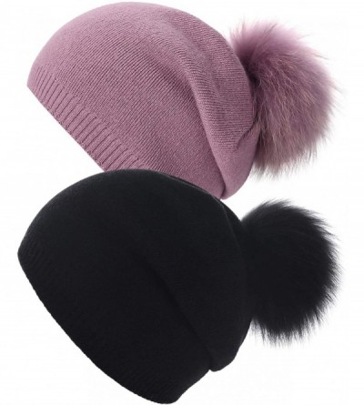Skullies & Beanies Women Knit Wool Beanie - Winter Solid Cashmere Ski Hats Real Raccoon Fur Pom Pom - 19- Black/Cameo 2pcs - ...