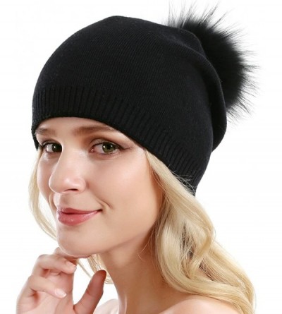 Skullies & Beanies Women Knit Wool Beanie - Winter Solid Cashmere Ski Hats Real Raccoon Fur Pom Pom - 19- Black/Cameo 2pcs - ...