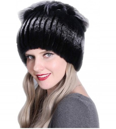 Skullies & Beanies Fur Hat Real Rex Rabbit Fur and Silver Fox Fur Top Flower Shape Cap Women Elastic Winter Warm - Black + Gr...