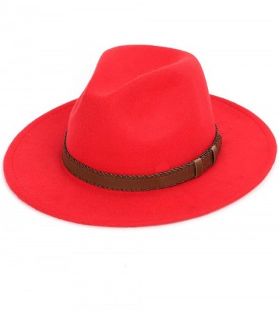 Fedoras Women Men Wide Brim Fedora hat Wool Pork Pie Flat Top Hat Vintage Felt hat Gambler Hat - Red - CH18Q8X4L8S $21.11