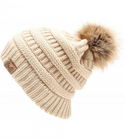 Skullies & Beanies Women's Soft Stretch Cable Knit Warm Skully Faux Fur Pom Pom Beanie Hats - Khaki - CY18GQS9OR0 $12.66