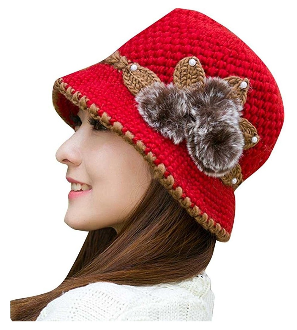 Skullies & Beanies Fashion Women Lady Winter Warm Crochet Knitted Flowers Decorated Ears Hat - Red - C6186UZOW0N $13.35