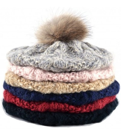 Skullies & Beanies Women Warm Knitting Cuffed Fluffy Pom Pom Beret Beanie - Black - C612NUY3UNW $11.50