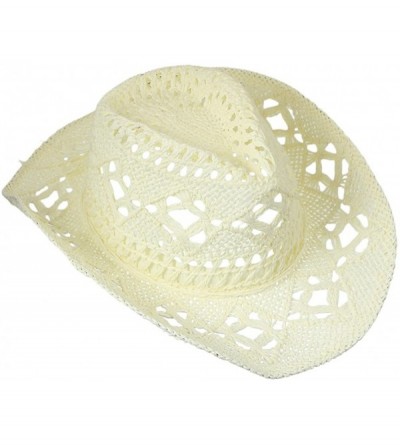 Cowboy Hats Men & Women's Summer Cowboy Cowgirl Straw Hat Hollow Out Woven Roll Up Wide Brim Hat - Off-white - CV18QGCR09T $1...