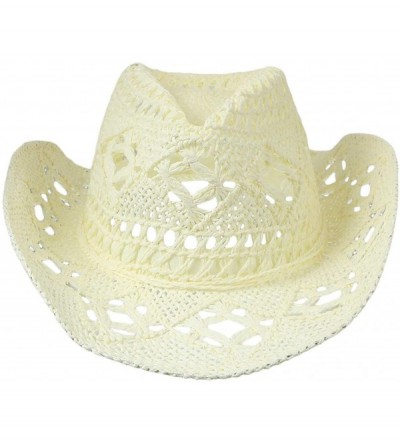 Cowboy Hats Men & Women's Summer Cowboy Cowgirl Straw Hat Hollow Out Woven Roll Up Wide Brim Hat - Off-white - CV18QGCR09T $1...