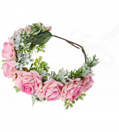 Headbands Flower Crown Headband Rose Wreath Leave Flower Adjustable Ribbon Headband Wedding Festival Headdress for Girls - CS...