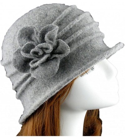 Skullies & Beanies Women 100% Wool Felt Round Top Cloche Hat Fedoras Trilby with Bow Flower - A4 Light Grey - CA185AMQYC2 $18.68