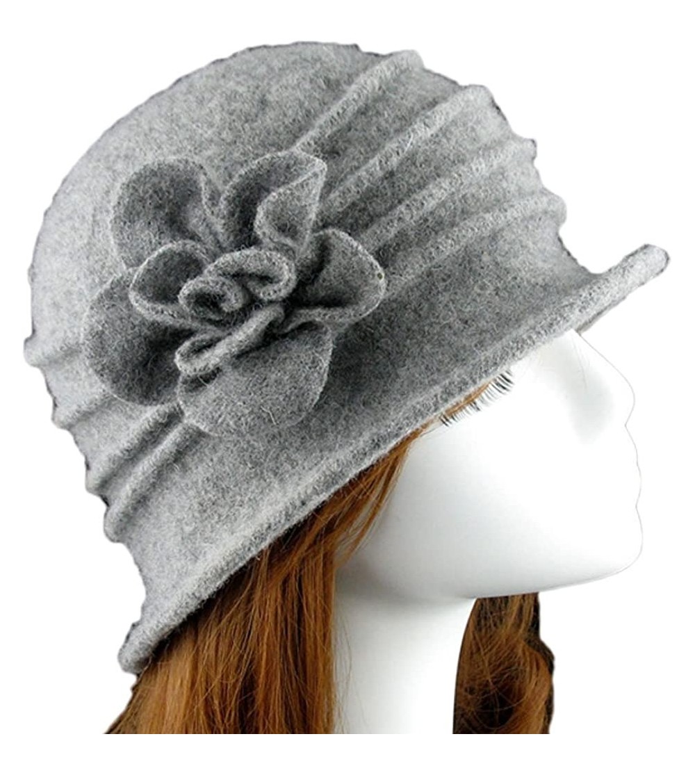 Skullies & Beanies Women 100% Wool Felt Round Top Cloche Hat Fedoras Trilby with Bow Flower - A4 Light Grey - CA185AMQYC2 $18.68