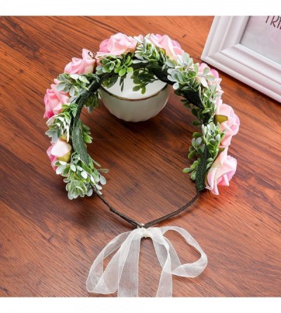 Headbands Flower Crown Headband Rose Wreath Leave Flower Adjustable Ribbon Headband Wedding Festival Headdress for Girls - CS...