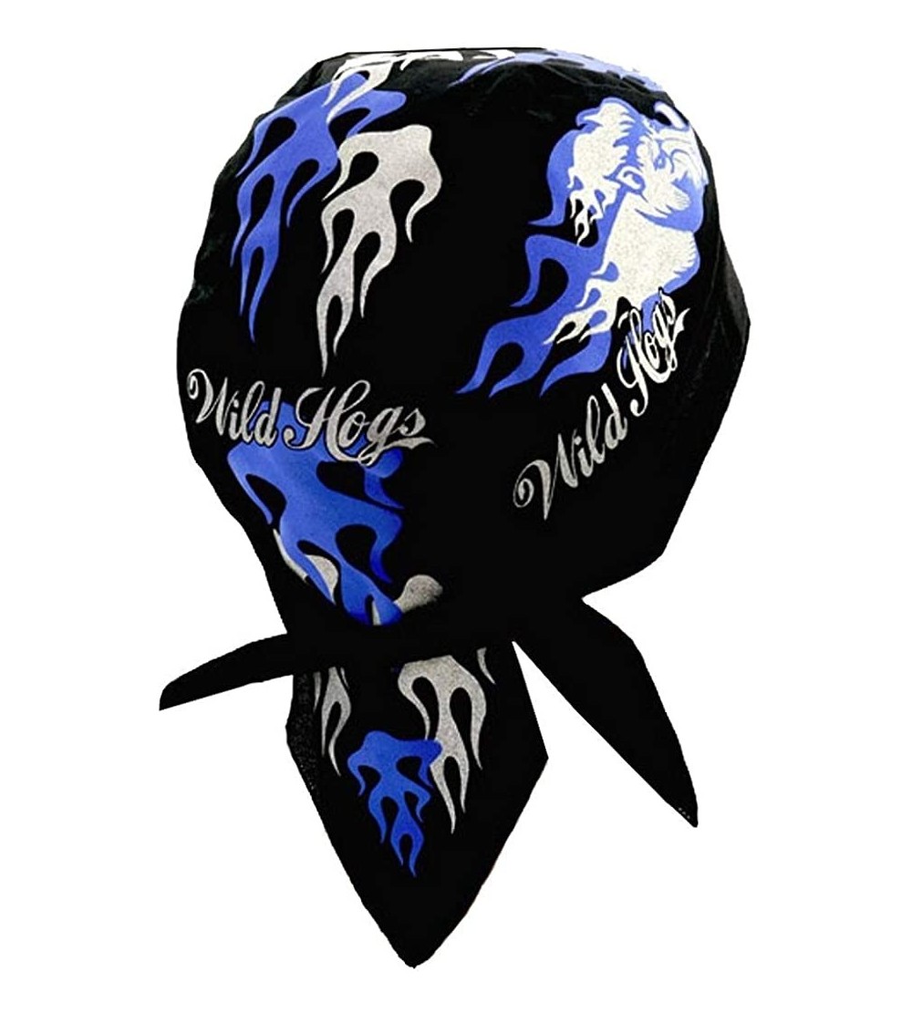Skullies & Beanies Skull Cap Biker Caps Doo Rags - Wild Hogs Blue & Silver w/Flames on Black - CN12ELHM8HH $15.96