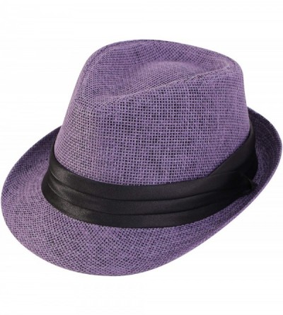 Fedoras Women/Men's Summer Short Brim Straw Fedora Sun Hat - Purple - C418DWUWMLT $13.37