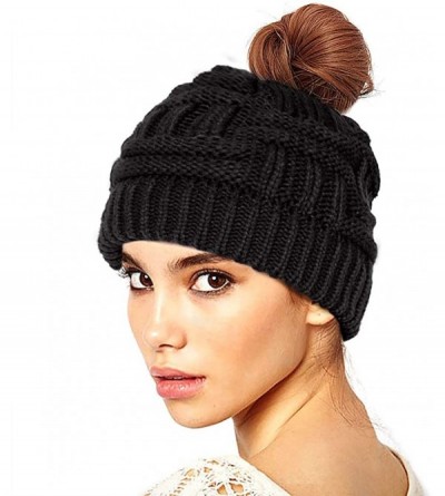 Skullies & Beanies Women's Ponytail Beanie Hat Soft Stretch Cable Knit Hat Warm Winter Hat - Black - CR18LRSY7KK $18.82