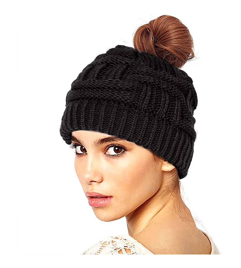 Skullies & Beanies Women's Ponytail Beanie Hat Soft Stretch Cable Knit Hat Warm Winter Hat - Black - CR18LRSY7KK $11.60