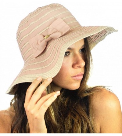 Sun Hats Women's Two Tone Weaved Removable Bow Floppy Brim Sun Hat - Rose - CA12CU9TL0P $12.24
