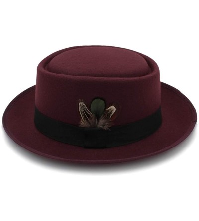 Fedoras Classic Wool Felt Black Pork Pie Hat Porkpie Jazz Fedora Hat Round Top Trilby Stingy Brim Feather Cap - Wine Red - CE...