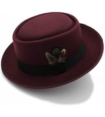 Fedoras Classic Wool Felt Black Pork Pie Hat Porkpie Jazz Fedora Hat Round Top Trilby Stingy Brim Feather Cap - Wine Red - CE...